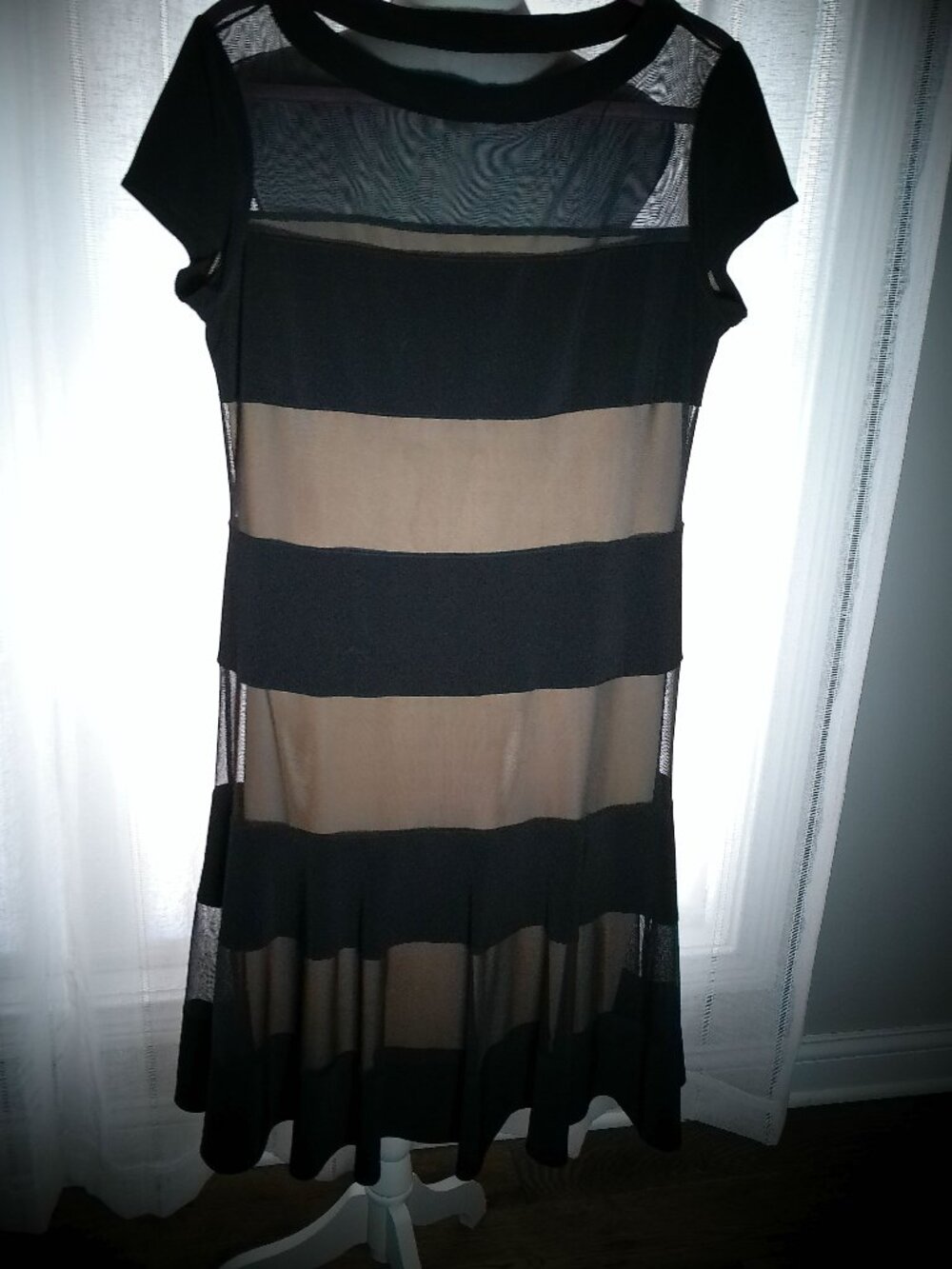 JOSEPH RIBKOFF Dress Midi Black Mesh Over Tan Lining 14